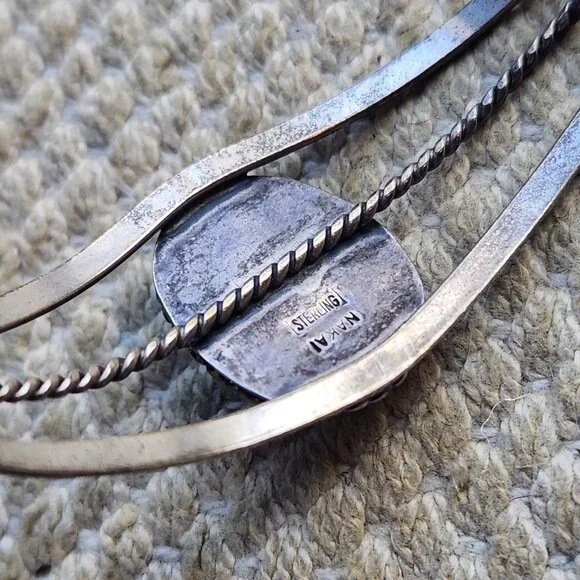 Vintage Navajo Oval Turquoise Green Stone Sterling Silver Cuff Twist Bracelet - Picture 7 of 9